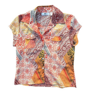 Vtg Orange Patchwork Print Button Up Blouse Short Sleeve Womens M Boho Festival